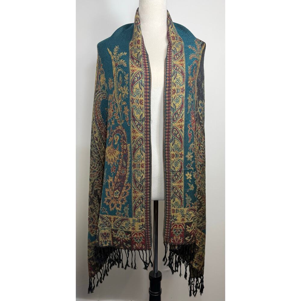 Inusual Blue Gold Paisley Wrap Shawl Viscosa Fringe Lagenlook Boho Artsy Whimsy